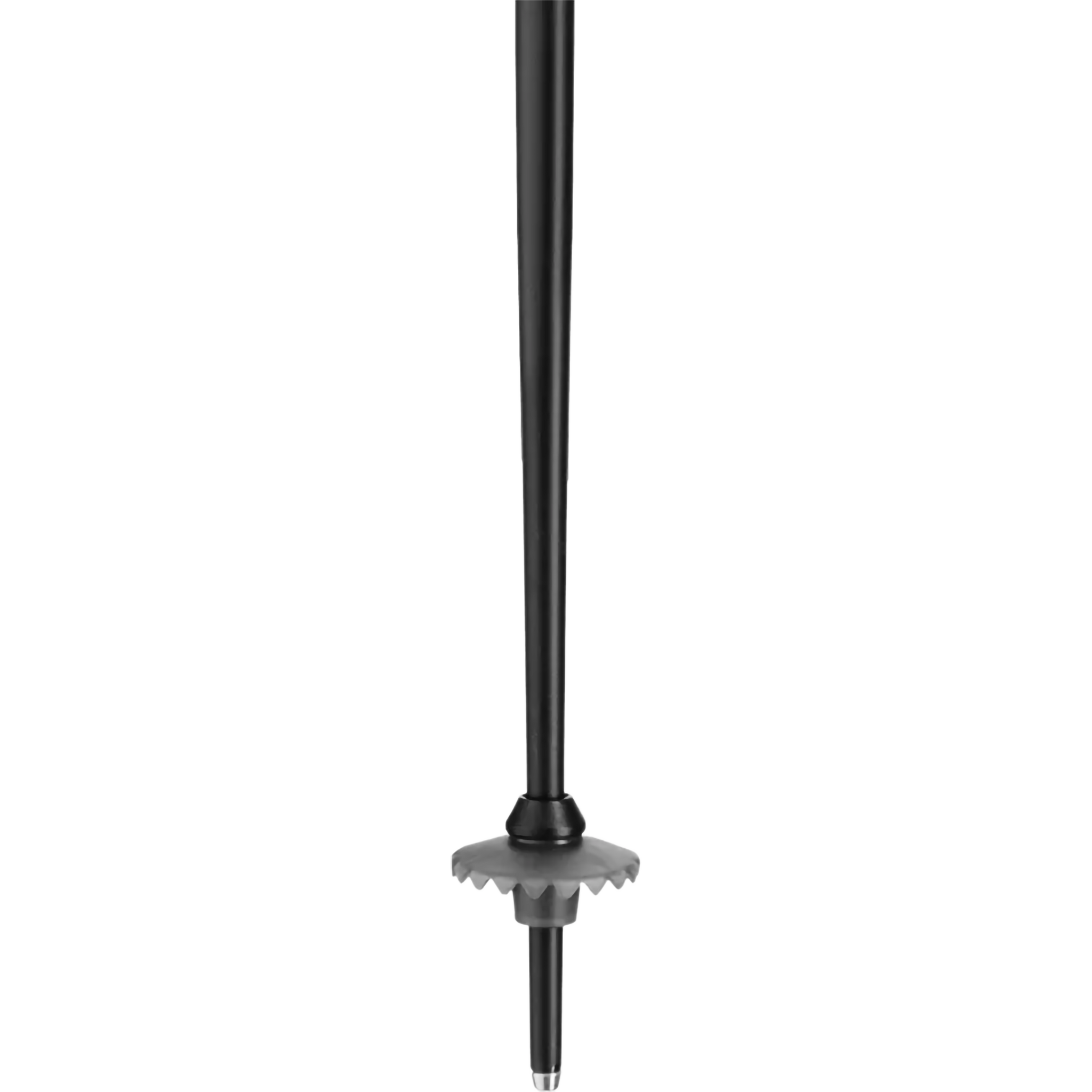 A close-up of a single trekking pole tip section against a solid white background, showing the black metal shaft, gray rubberized tread, and silver metal tip.