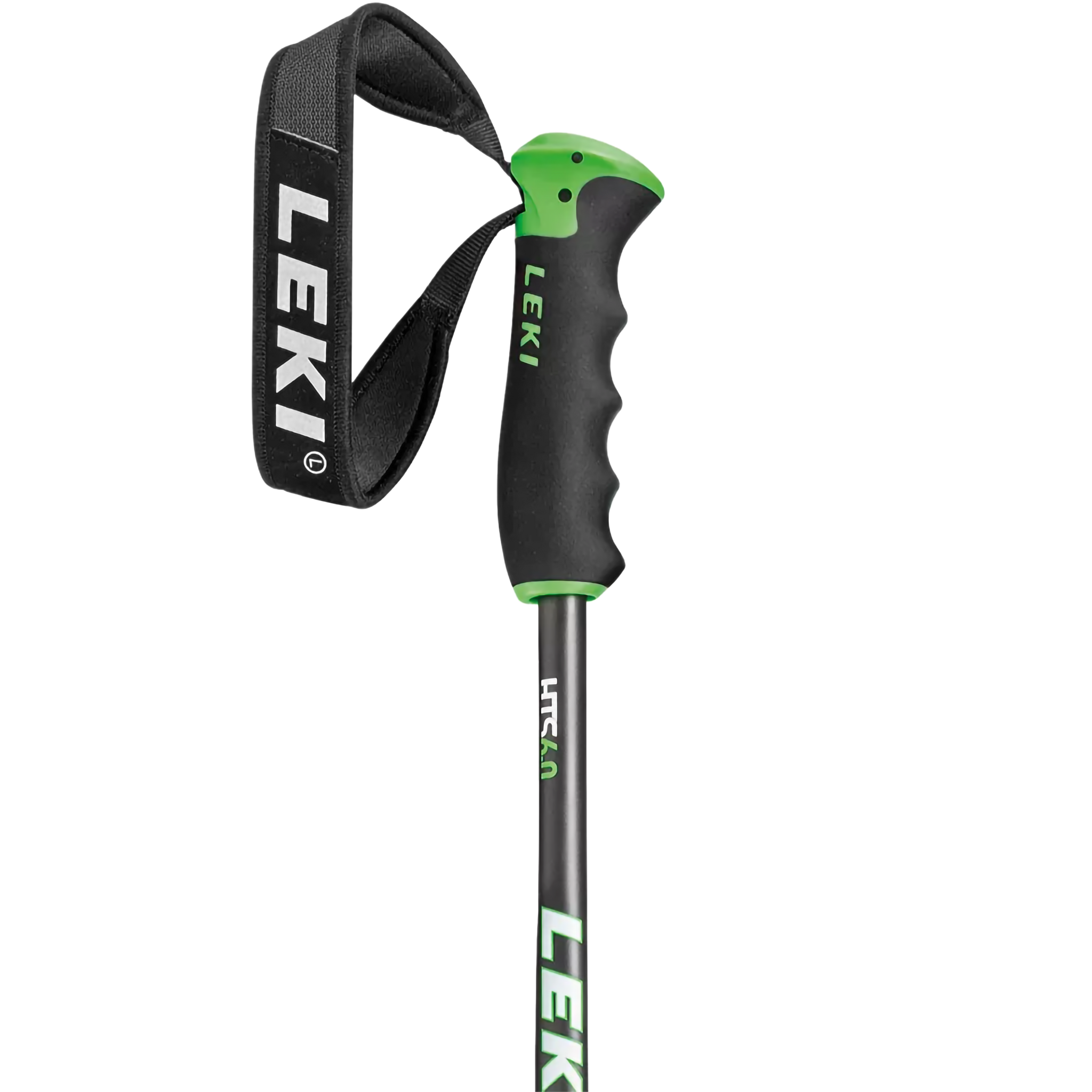 A close-up of a Leki hiking pole with a black and green ergonomic handle, a black wrist strap with white Leki branding, and a dark gray shaft with green and white branding.