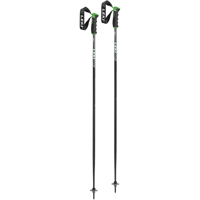 Two LEKI ski and hiking poles with black handles and shafts, accented with bright green details and white branding, shown against a plain white background.