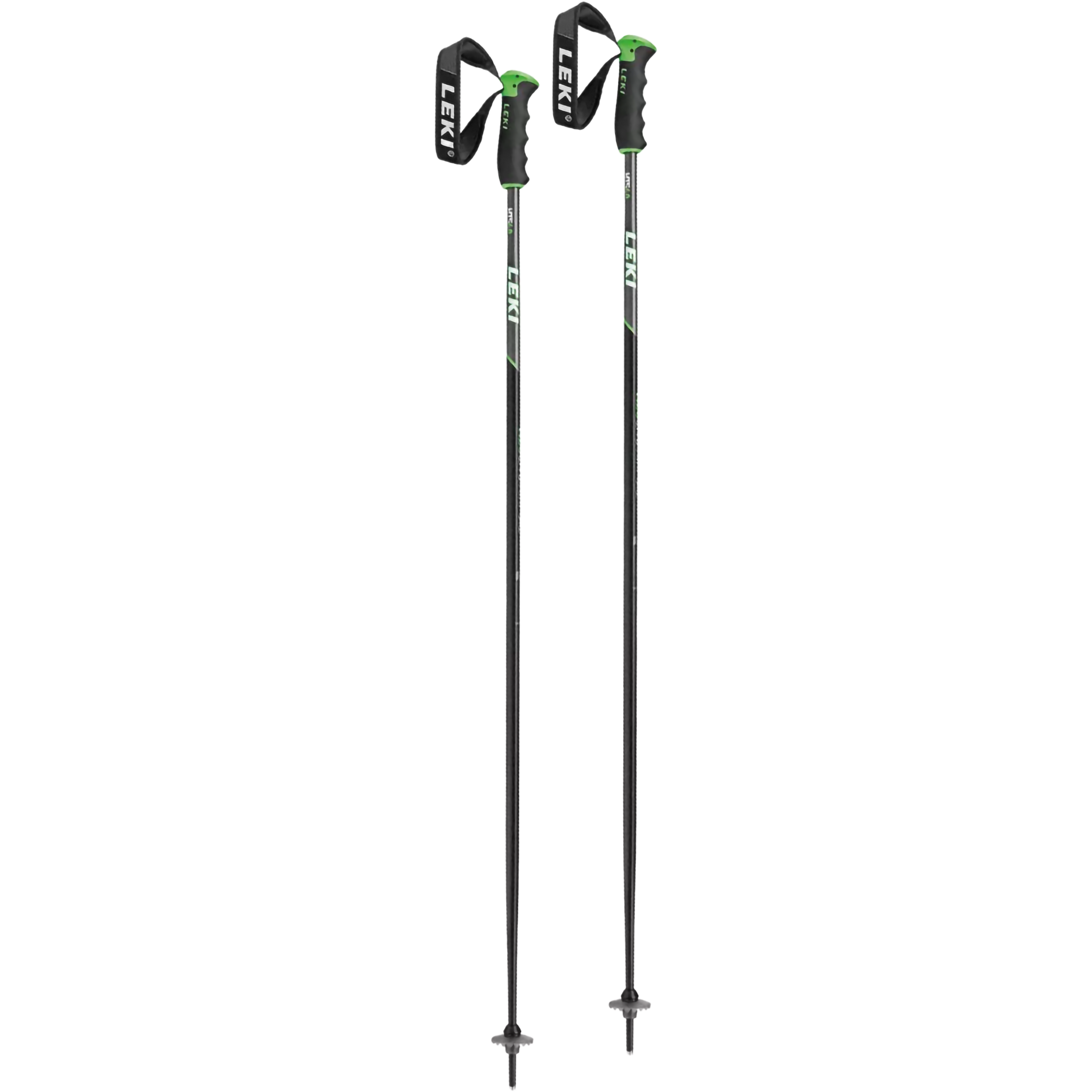 Two LEKI ski and hiking poles with black handles and shafts, accented with bright green details and white branding, shown against a plain white background.