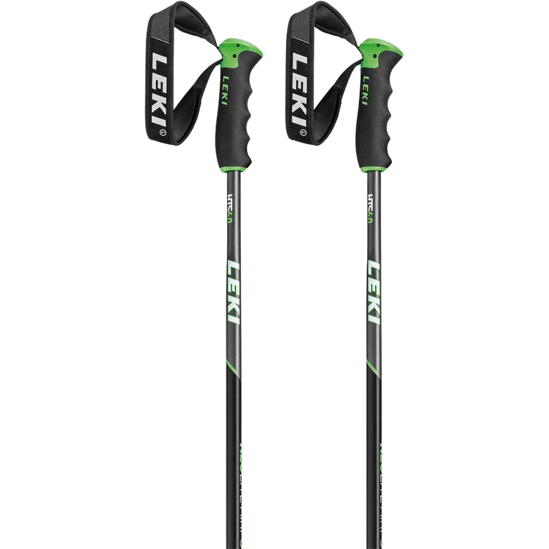 Two LEKI ski poles with black and green handles and shafts, shown against a plain white background.