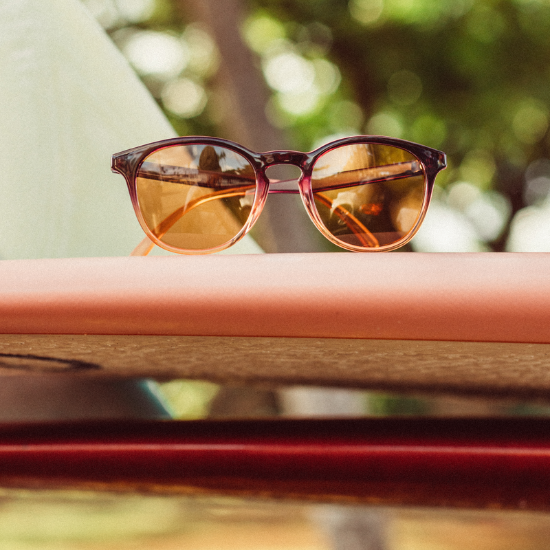 Yuba Twilight Amber, Sunski Yuba Twilight Amber on surfboard
