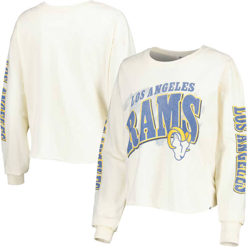 Women's Rams Brush Back Parkway Long Sleeve, 47 Brand Women's Rams Brush Back Parkway Long Sleeve SS-Sandstone front and back
