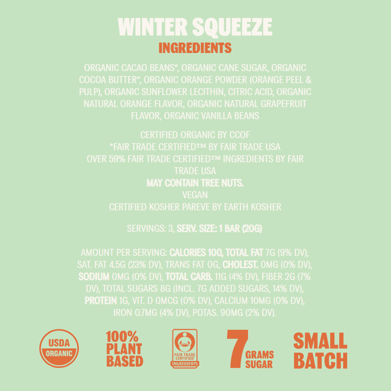 Seasonal 100% Plant Based Chocolate Bars, TCHO Seasonal 100% Plant Based Chocolate Bars Winter Squeeze Nutrition Facts
