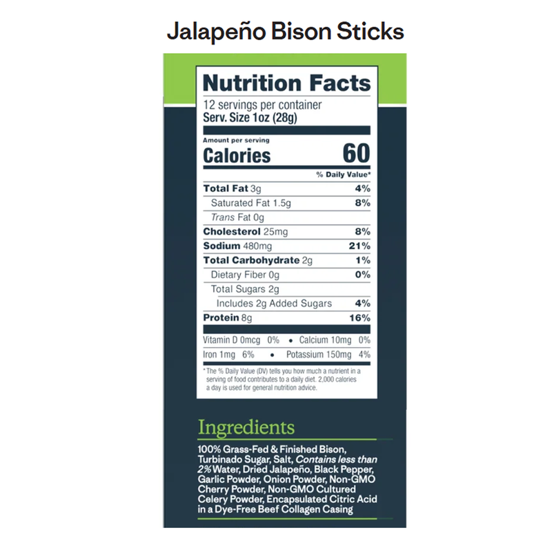 Pasture Raised Bison Sticks, Patagonia Provisions Pasture Raised Bison Sticks Jalapeno Nutrition Facts & Ingredients