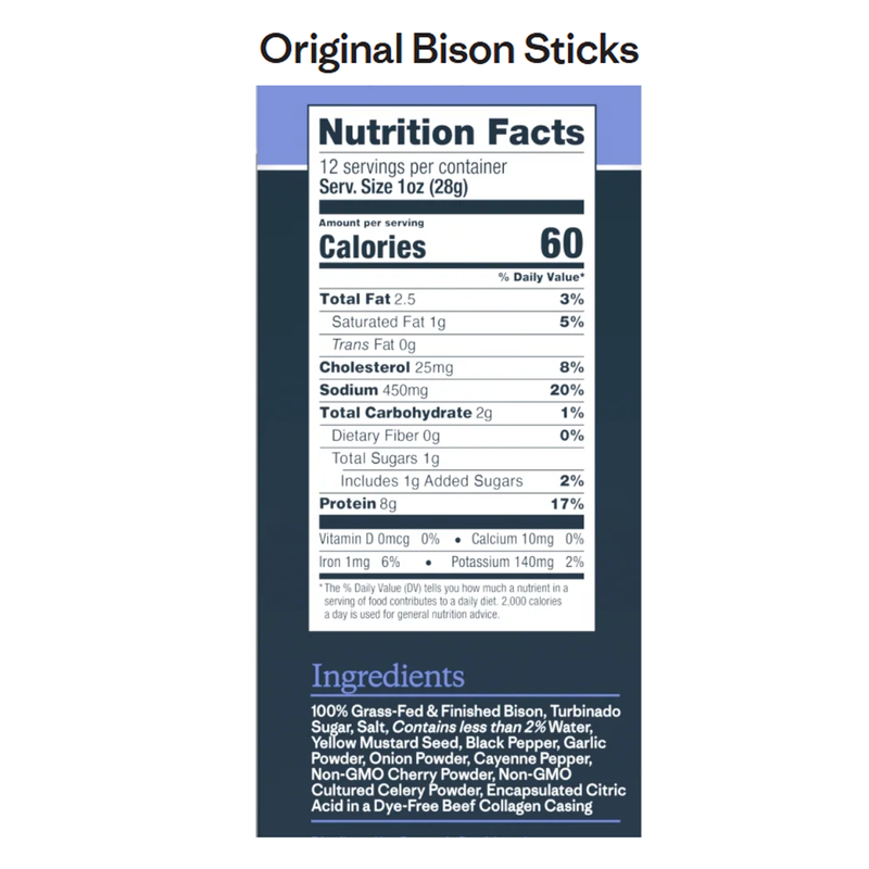 Pasture Raised Bison Sticks, Patagonia Provisions Pasture Raised Bison Sticks Original Nutrition Facts & Ingredients