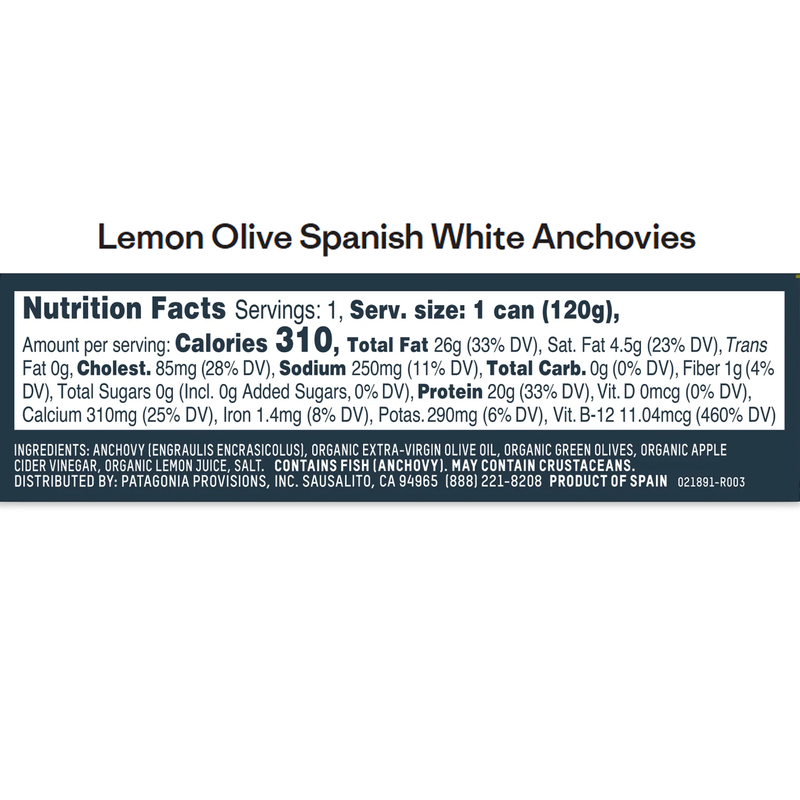 White Anchovies, Patagonia Provisions Lemon Olive Spanish White Anchovies 