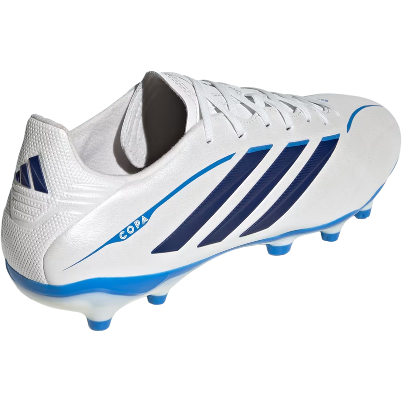 Copa Pure IV League Firm Ground, Adidas Copa Pure IV League Firm Ground in Zero Metalic Dark Blue Lucid Ray Blue angled right facing with lateral detail