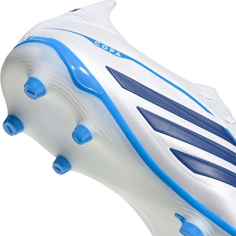 Copa Pure IV League Firm Ground, Adidas Copa Pure IV League Firm Ground in Zero Metalic Dark Blue Lucid Ray Blue with heel and bottom cleat detail