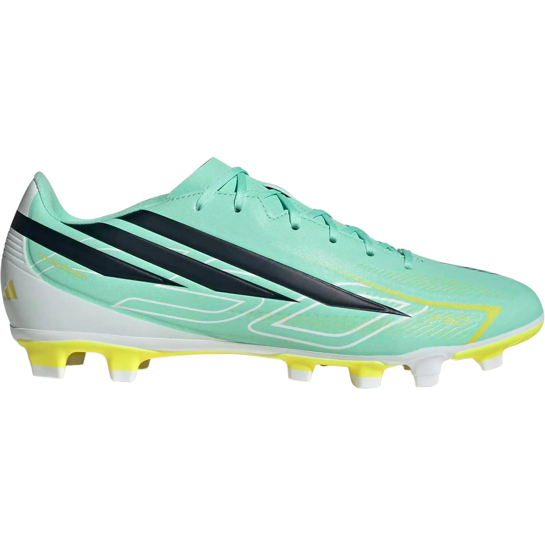 Adidas F50 Hyperfast Club FG/MG in Pulse Mint/Night Navy/Solar Lemon right profile