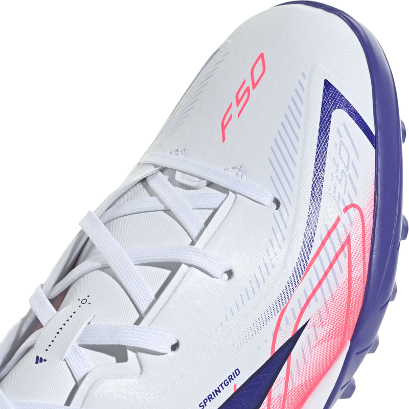 Youth F50 Hyperfast League TF, Adidas Youth F50 Hyperfast League TF in Cloud White/Solar Purple/Solar Turbo toe