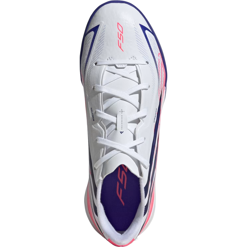 Youth F50 Hyperfast League TF, Adidas Youth F50 Hyperfast League TF in Cloud White/Solar Purple/Solar Turbo top
