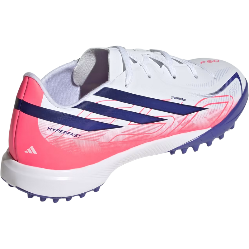 Youth F50 Hyperfast League TF, Adidas Youth F50 Hyperfast League TF in Cloud White/Solar Purple/Solar Turbo right rear