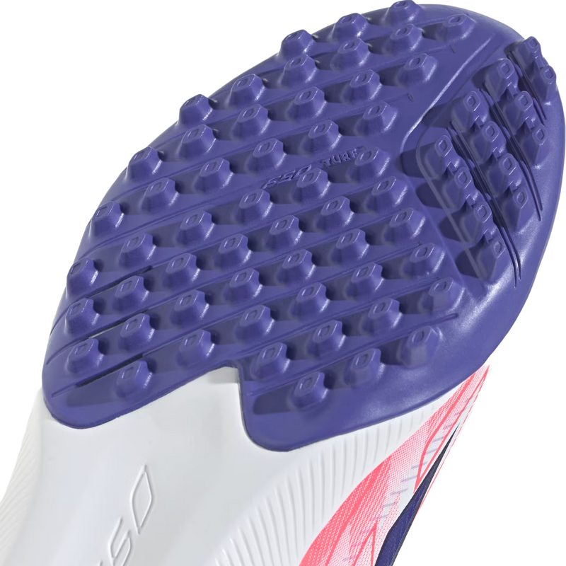 Youth F50 Hyperfast League TF, Adidas Youth F50 Hyperfast League TF in Cloud White/Solar Purple/Solar Turbo toe bottom