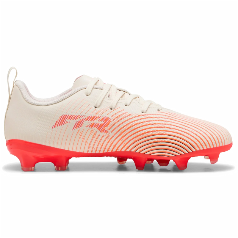 Youth Future 9 Play FG/AG, Puma Youth Future 9 Play FG/AG in 01-Sugared Almond/White/Ultra Red/Black inside profile of left shoe