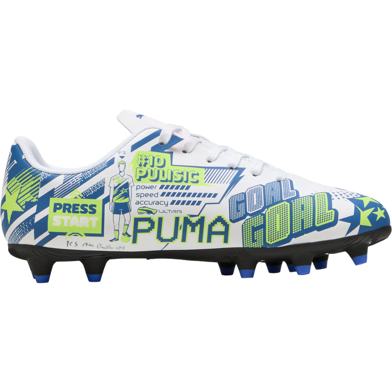 Youth Ultra Christian Pulisic Legacy FG/AG, Puma Youth Ultra Christian Pulisic Legacy FG/AG in 02-Puma White/Lake Blue/Yellow Alert inside profile of left shoe