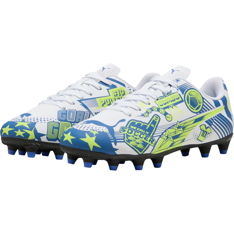 Youth Ultra Christian Pulisic Legacy FG/AG, Puma Youth Ultra Christian Pulisic Legacy FG/AG in 02-Puma White/Lake Blue/Yellow Alert pair left