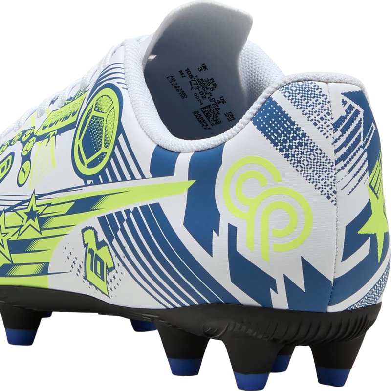 Youth Ultra Christian Pulisic Legacy FG/AG, Puma Youth Ultra Christian Pulisic Legacy FG/AG in 02-Puma White/Lake Blue/Yellow Alert heel