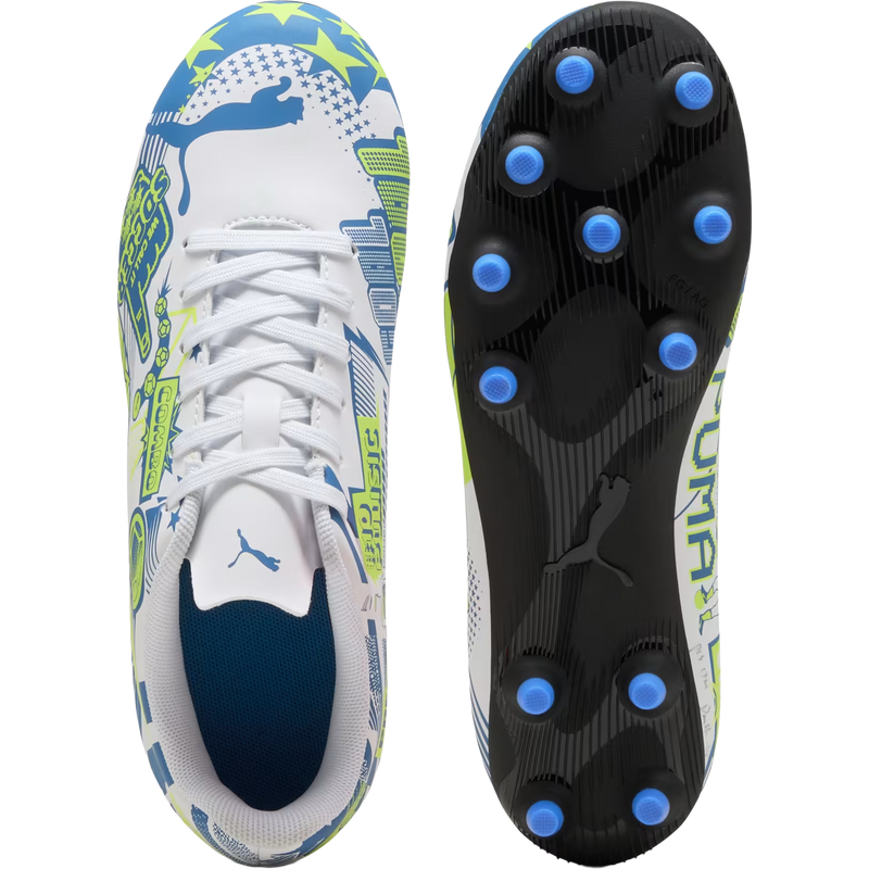 Youth Ultra Christian Pulisic Legacy FG/AG, Puma Youth Ultra Christian Pulisic Legacy FG/AG in 02-Puma White/Lake Blue/Yellow Alert pair top and bottom