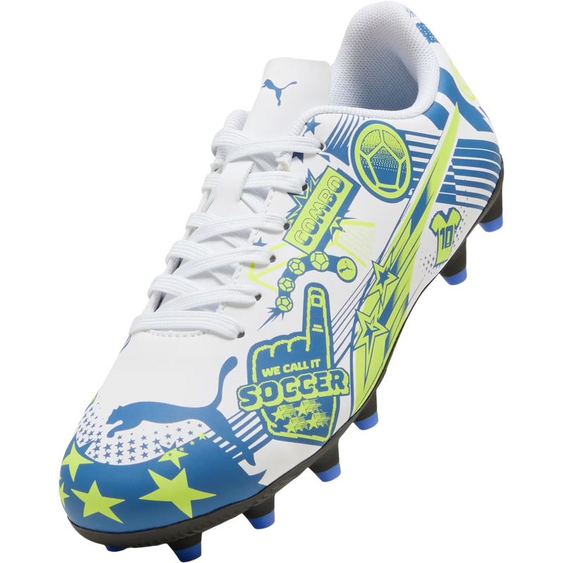 Youth Ultra Christian Pulisic Legacy FG/AG, Puma Youth Ultra Christian Pulisic Legacy FG/AG in 02-Puma White/Lake Blue/Yellow Alert front left top
