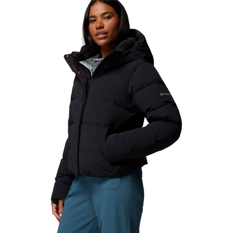 Women's Amaze Puff Hooded Jacket, Columbia Women's Amaze Puff Hooded Jacket in Black angled on model