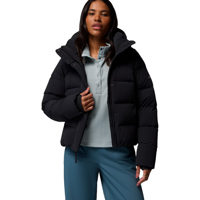 Women's Amaze Puff Hooded Jacket, Columbia Women's Amaze Puff Hooded Jacket in Black front view zipped on model
