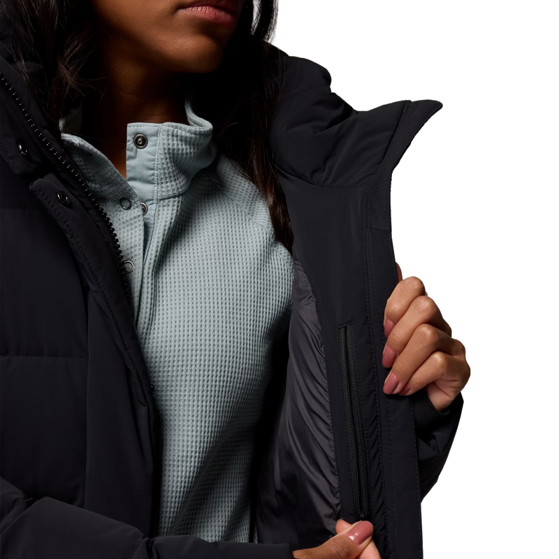 Women's Amaze Puff Hooded Jacket, Columbia Women's Amaze Puff Hooded Jacket in Black with zipper pocket detail