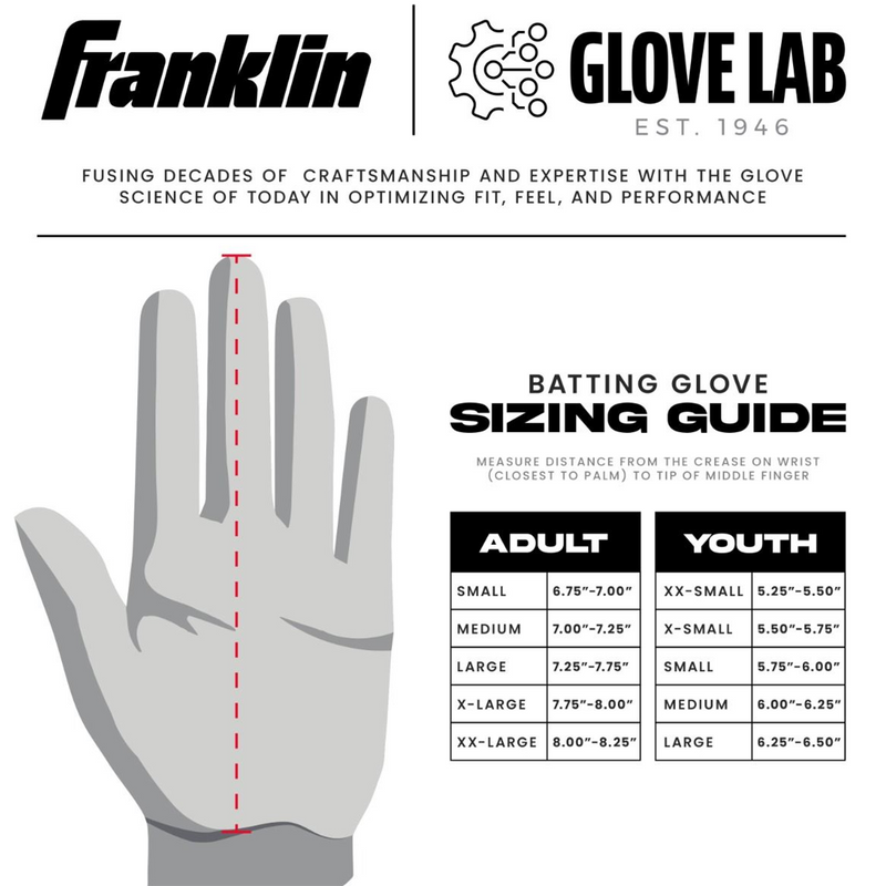 Youth CFX Pro Series Batting Gloves, Franklin Sports Youth CFX Pro Series Batting Gloves size chart
