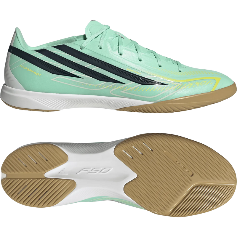 F50 Hyperfast League Indoor, Adidas F50 Hyperfast League Indoor in Pulse Mint Night Navy Solar Lemon lateral bottom view