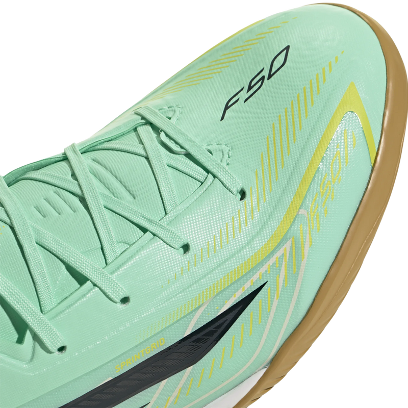 F50 Hyperfast League Indoor, Adidas F50 Hyperfast League Indoor in Pulse Mint Night Navy Solar Lemon toe detail