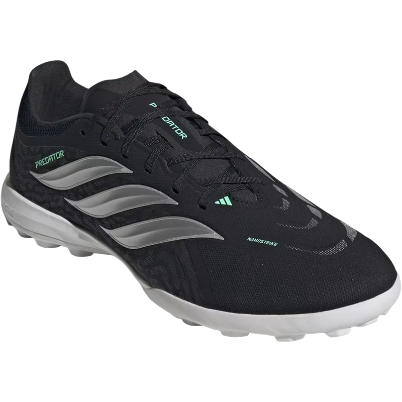Predator League TF, Adidas Predator League TF in Core Black Silver Metallic Pulse Mint angled 