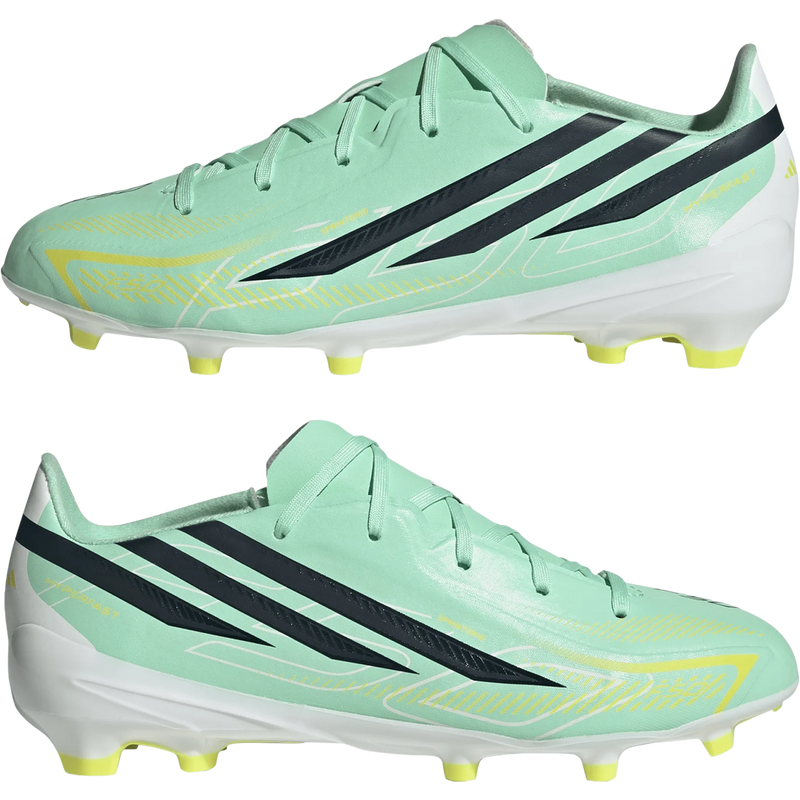 Youth F50 Hyperfast League FG, Adidas Youth F50 Hyperfast League FG in Pulse Mint Night Navy Solar Lemon side by side