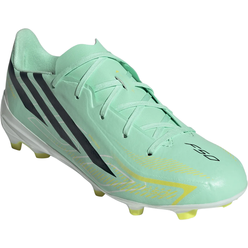 Youth F50 Hyperfast League FG, Adidas Youth F50 Hyperfast League FG in Pulse Mint Night Navy Solar Lemon lateral angled view