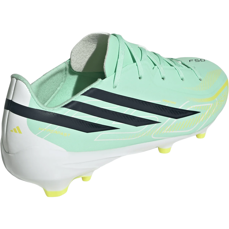 Youth F50 Hyperfast League FG, Adidas Youth F50 Hyperfast League FG in Pulse Mint Night Navy Solar Lemon  angled view heel detail
