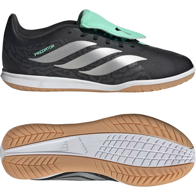 Youth Predator Club FT Indoor Sala, Adidas Youth Predator Club FT Indoor Sala in Core Black Siler Metallic Pulse Mint lateral and bottom view