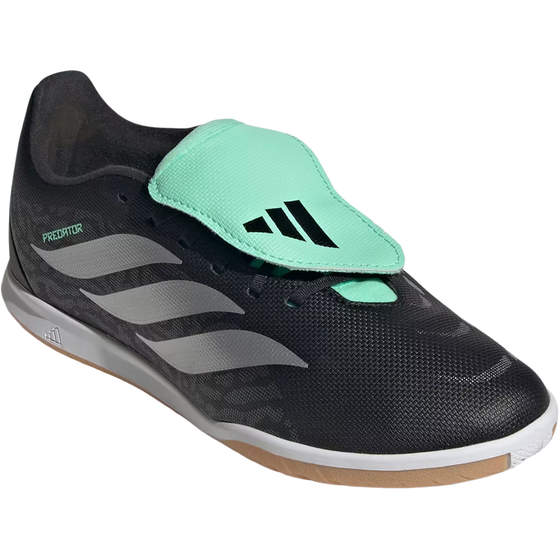 Youth Predator Club FT Indoor Sala, Adidas Youth Predator Club FT Indoor Sala in Core Black Siler Metallic Pulse Mint angled right facing