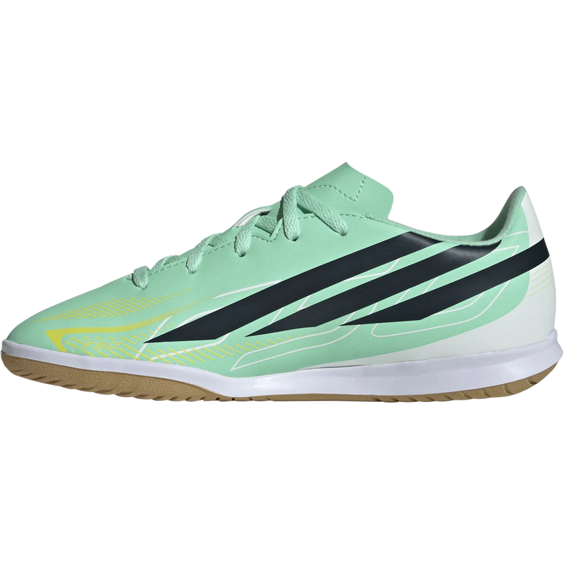 Youth F50 Hyperfast Club Indoor, Adidas Youth F50 Hyperfast Club Indoor in Pulse Mint Night Navy Solar Lemon left facing
