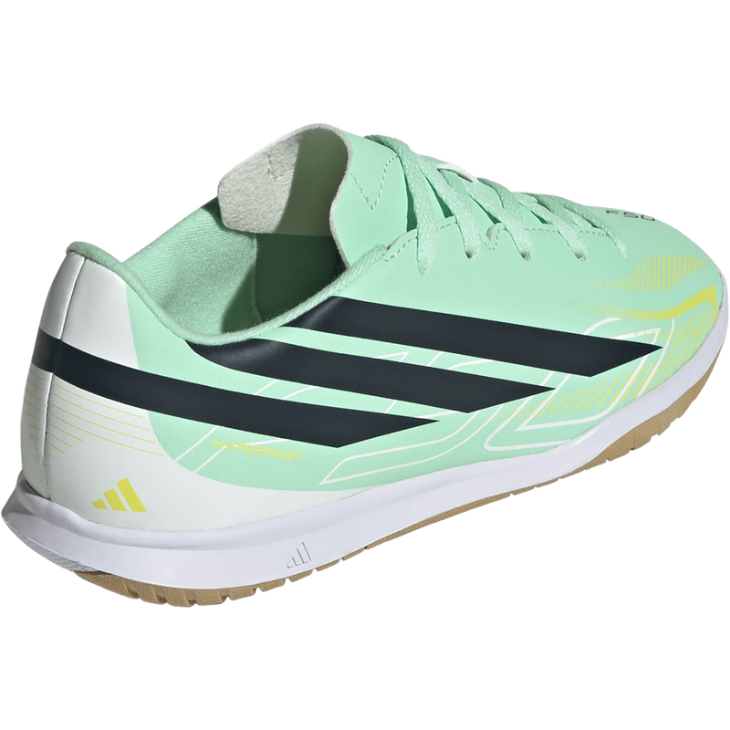 Youth F50 Hyperfast Club Indoor, Adidas Youth F50 Hyperfast Club Indoor in Pulse Mint Night Navy Solar Lemon angled view