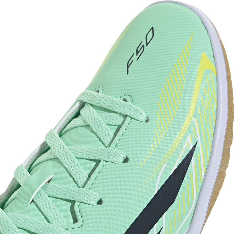 Youth F50 Hyperfast Club Indoor, Adidas Youth F50 Hyperfast Club Indoor in Pulse Mint Night Navy Solar Lemon toe detail