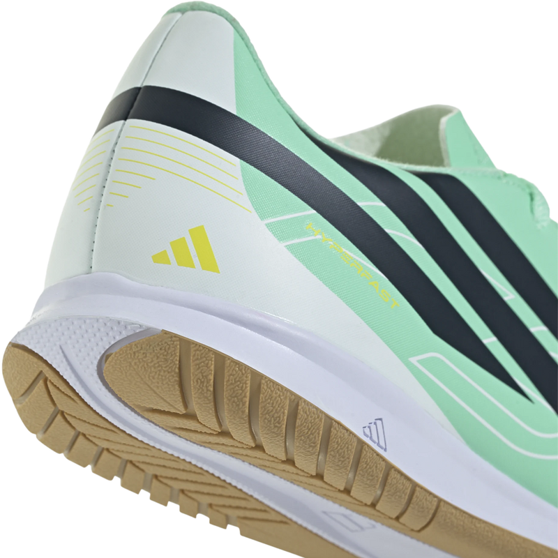 Youth F50 Hyperfast Club Indoor, Adidas Youth F50 Hyperfast Club Indoor in Pulse Mint Night Navy Solar Lemon heel detail
