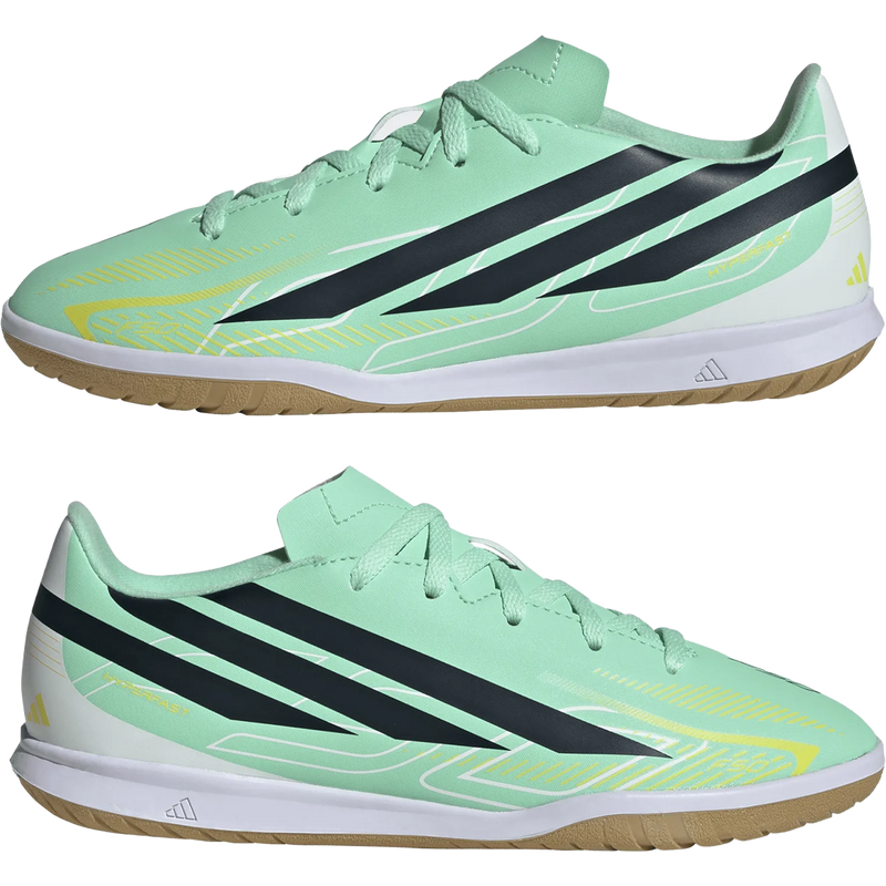 Youth F50 Hyperfast Club Indoor, Adidas Youth F50 Hyperfast Club Indoor in Pulse Mint Night Navy Solar Lemon side by side