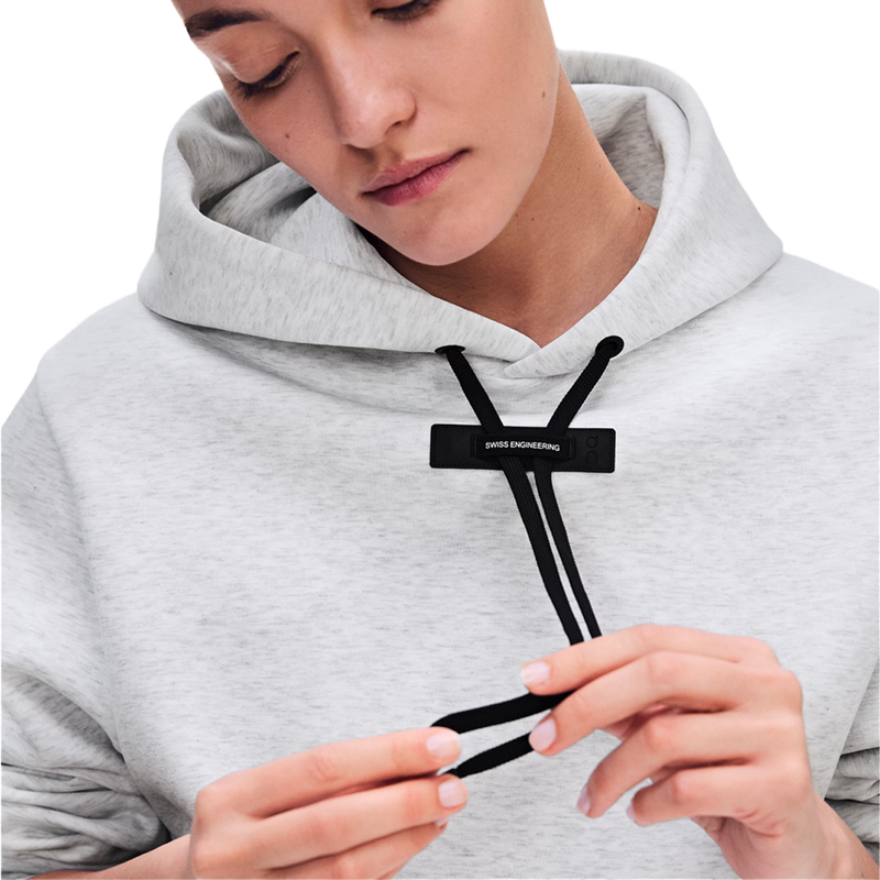 Women's Focus Tech Hoodie, On Women's Focus Tech Hoodie  in Crater drawstring detail