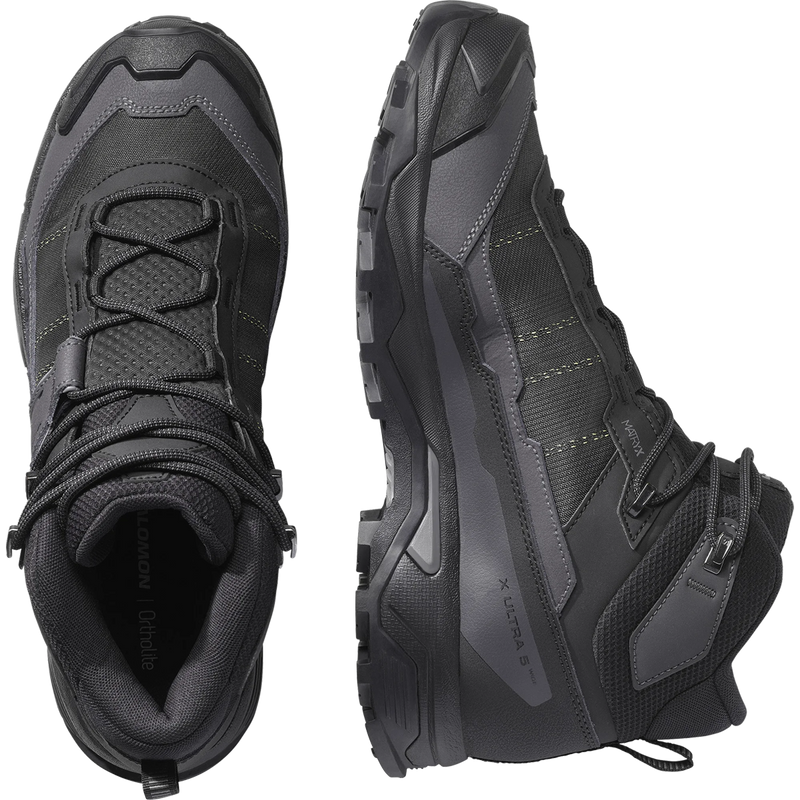 Men's X Ultra 5 Mid GTX Wide, Men's X Ultra 5 Mid GTX Wide in Black Asphalt/ Castlerock top view and medial view side by side
