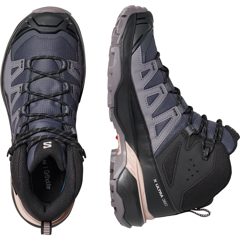 Women's X Ultra 360 Mid GTX, Women's X Ultra 360 Mid GTX in Nine Iron Excalibur Shadow Gray top view and lateral view side by side