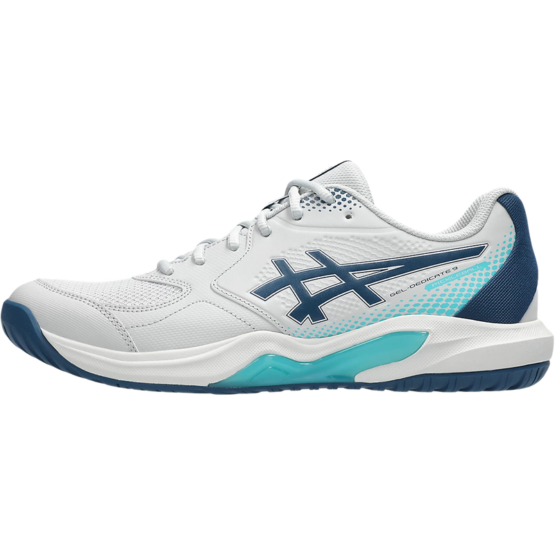 Men's Gel-Dedicate 9 Pickleball, Asics Men's GEL-DEDICATE 9 PICKLEBALL in Concrete Mako Blue lateral left facing