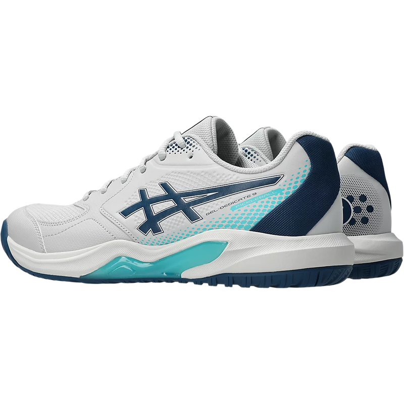 Men's Gel-Dedicate 9 Pickleball, Asics Men's GEL-DEDICATE 9 PICKLEBALL in Concrete Mako Blue side by side angled view lateral view with heel detail