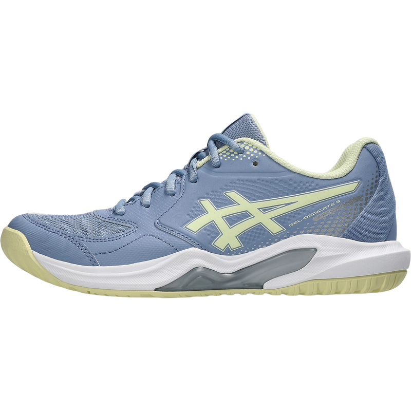 Women's GEL-DEDICATE 9 PICKLEBALL, Asics Women's GEL-DEDICATE 9 PICKLEBALL in Calm Indigo Soft Yellow left facing