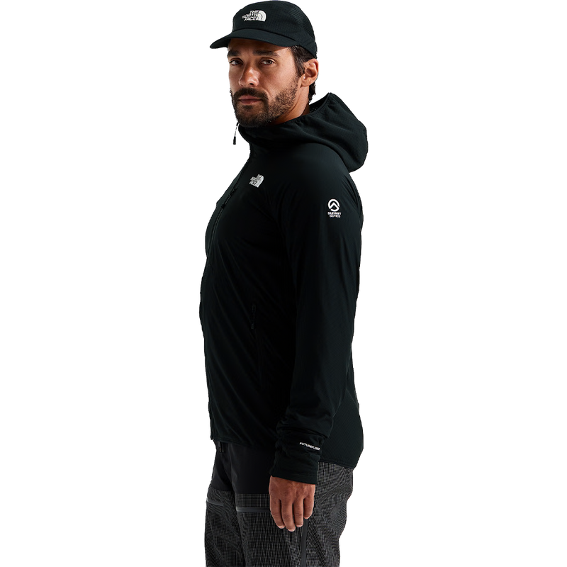 The North Face Men's Summit Futurefleece Overlay Hoodie in TNF Black side view with logo detail