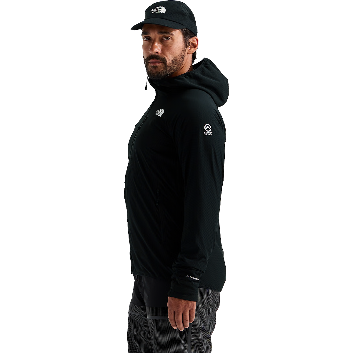 The North Face Men's Summit Futurefleece Overlay Hoodie in TNF Black side view with logo detail
