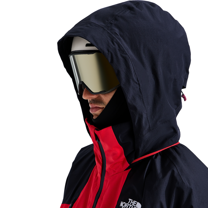 The North Face Men's Snowsquall Jacket in Elevation Red TNF Black hood on model